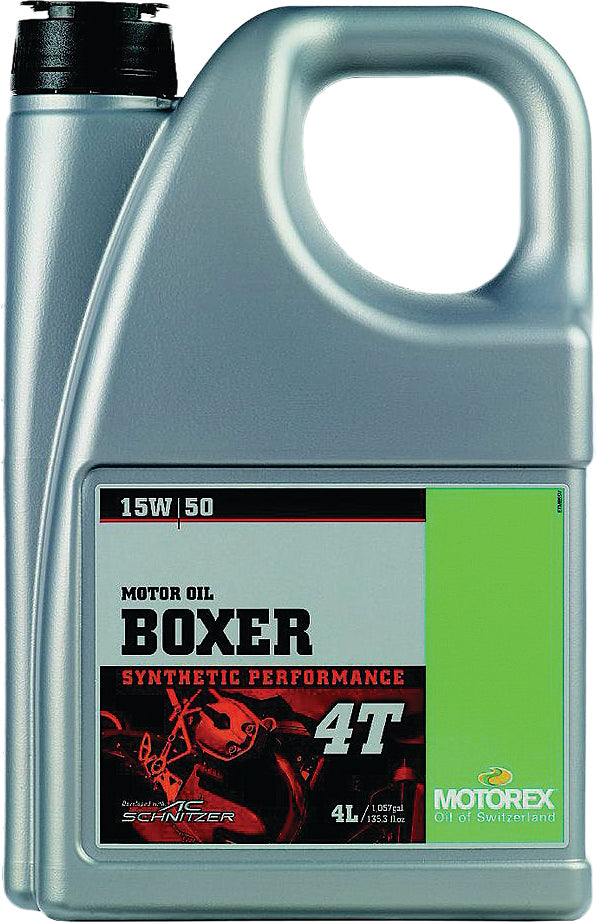 Motorex Boxer 15w50 4T motor oil container, 4-liter size, with label displaying product name and specifications.