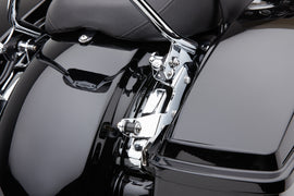 Chrome Cobra backrest mounting kit for Harley FLH/FLT 2014-2025, showing the body-mounted hardware with chrome finish.