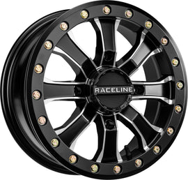 Raceline Mamba BDLK 15x6 Polaris RZR wheel with black and machined finish, 4/156 bolt pattern, 5+1 offset, +40mm.