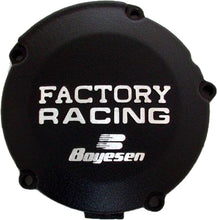 Load image into Gallery viewer, Boyesen Factory Racing Ignition Cover in black for street motorcycles, showcasing the sleek design and branding details.