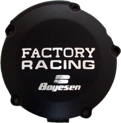 Boyesen Factory Racing Ignition Cover in black for street motorcycles, featuring a sleek design and durable construction.