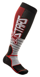 Alpine Star MX Pro Socks in burgundy and black, size large, featuring cushioned design and moisture-wicking fabric for motocross riding.