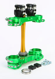 Green XTRIG Rocs Tech clamp set with Kawasaki branding, designed for 23mm handlebars, featuring a sturdy metal construction.