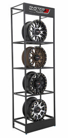 Black System 3 Wheel Display with three tiers, showcasing product organization and modern design for effective presentation.