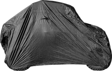 Load image into Gallery viewer, Open Trail Open Trail Ultra UTV Cover for 2-seater storage, shown in black fabric protecting UTV from dust and weather.
