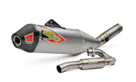 Pro Circuit Ti-6 exhaust system with carbon cap, lightweight motorcycle exhaust with sleek metal finish and branding details.
