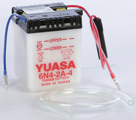 Yuasa 6N4-2A-4 conventional automotive battery with positive and negative terminals, black casing, and label details.