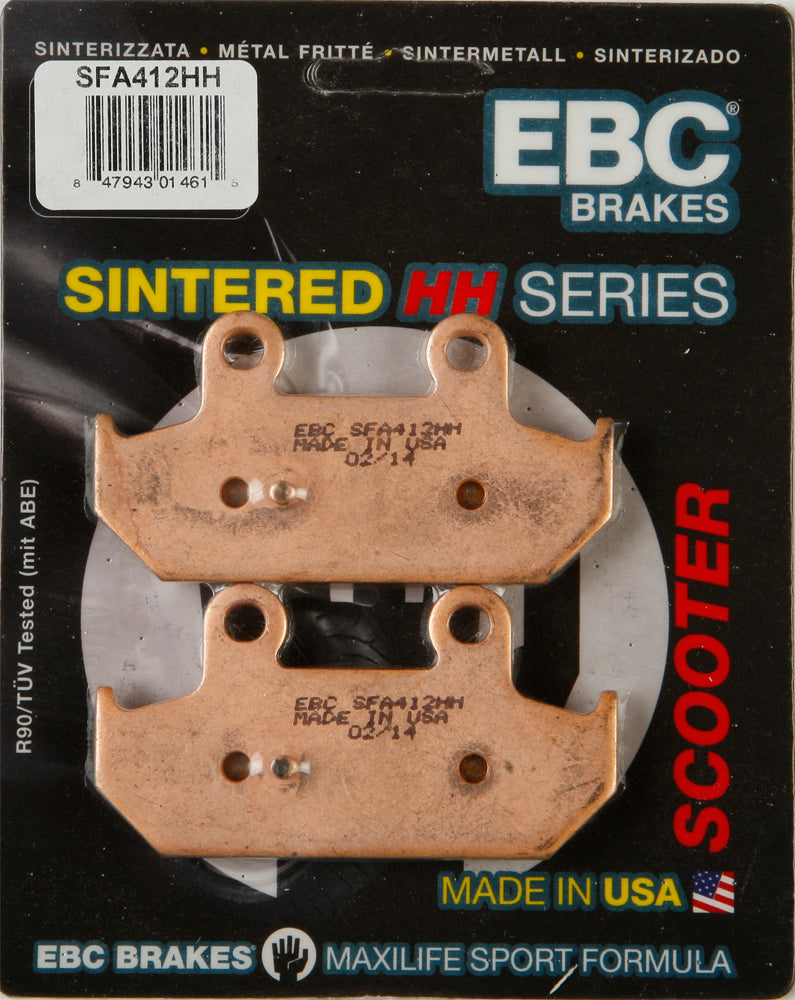 EBC Motorcycle Brakes Sfa412hh Double-H Sintered Brake Pads showing the black metal brake pad with branding and grooves for performance