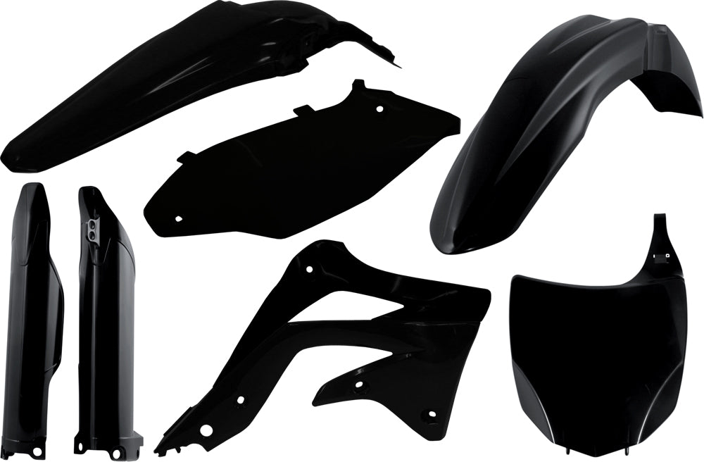 Acerbis black full plastic kit with various panels and components laid out on a white background.
