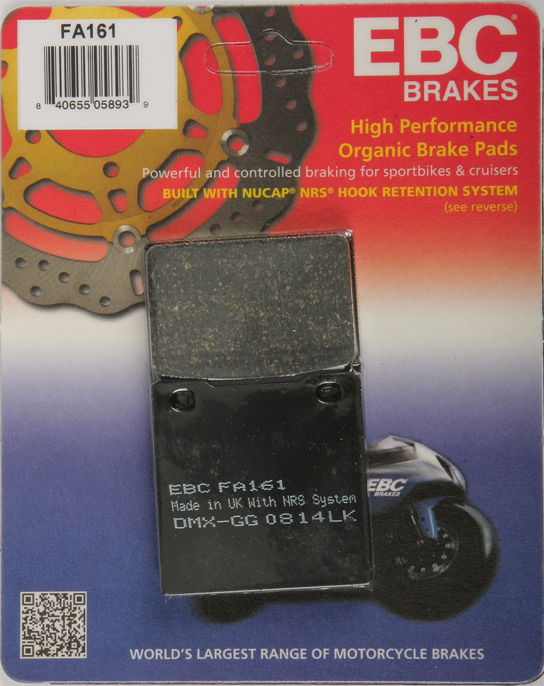 EBC Motorcycle Brakes Brake Pads 15-161, close-up of black brake pads with metal backing plates for motorcycle braking system.
