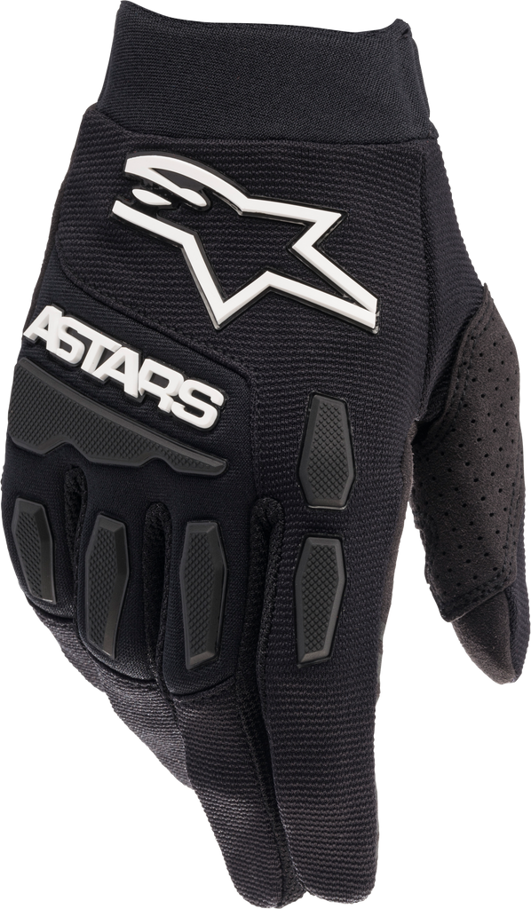 Alpine Star Full Bore gloves in black and white, featuring protective knuckles and breathable fabric for motorcycle riding.