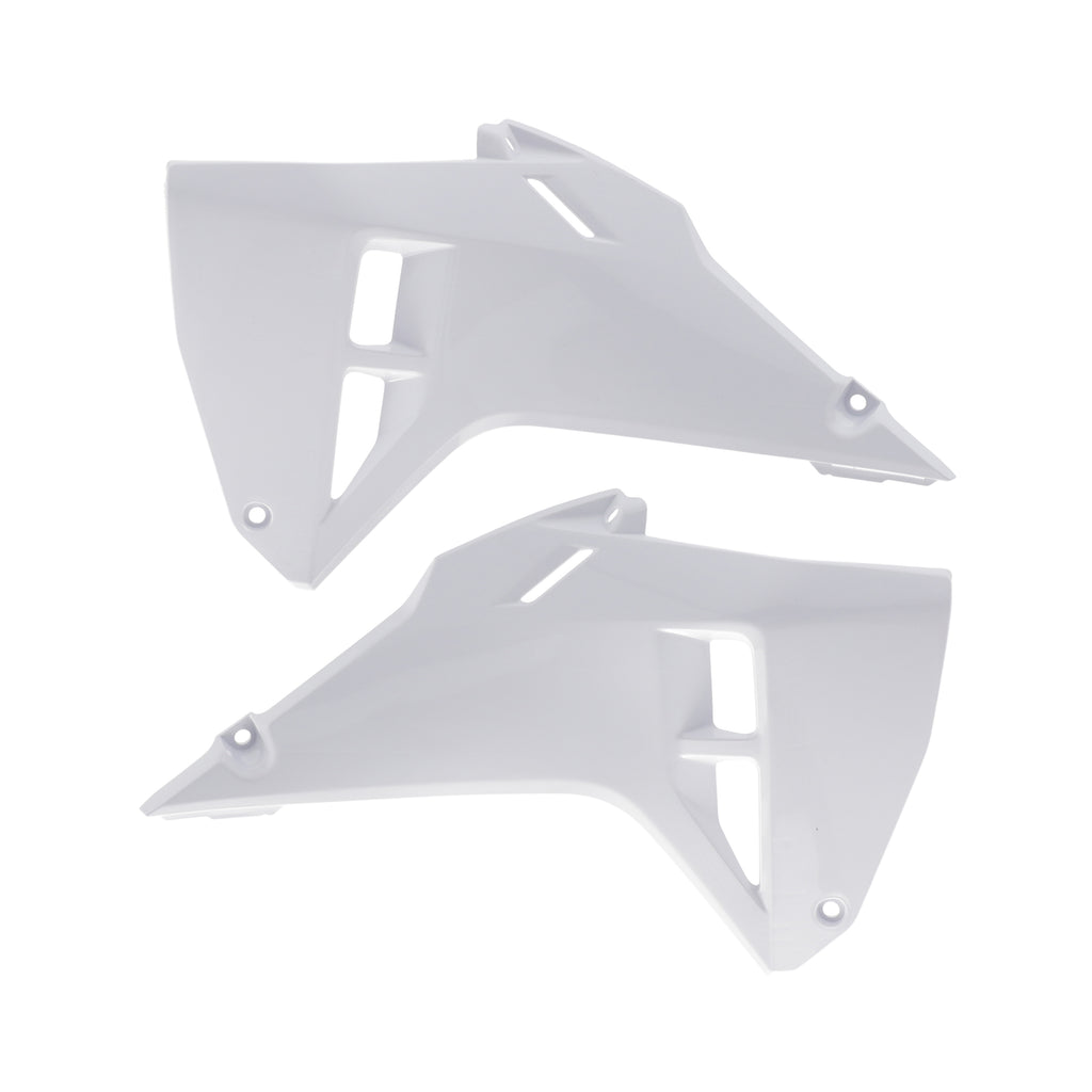 Acerbis CRF white radiator shroud for motorcycle body, featuring sleek design and brand logo, mounted on a dirt bike.