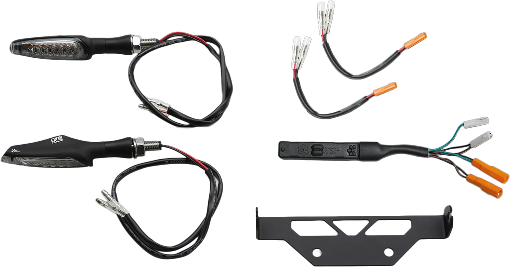 Yoshimura Fe V2 LED turn signal kit Z 961-9253 installed on motorcycle body, showcasing sleek design and bright LED lights