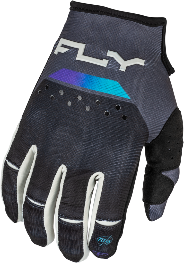 Fly Racing Kinetic Reload gloves in charcoal, black, and blue iridium, size large, with padded palms and breathable fabric.
