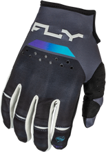 Load image into Gallery viewer, Fly Racing Kinetic Reload gloves in charcoal, black, and blue iridium, size large, with padded palms and breathable fabric.