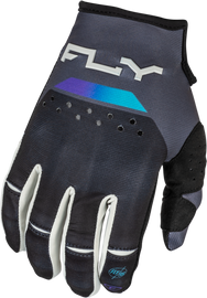 Fly Racing Kinetic Reload gloves in charcoal, black, and blue iridium, size large, with padded palms and breathable fabric.