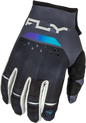 Fly Racing Kinetic Reload gloves in charcoal, black, and blue iridium, size large, with padded palms and breathable fabric.