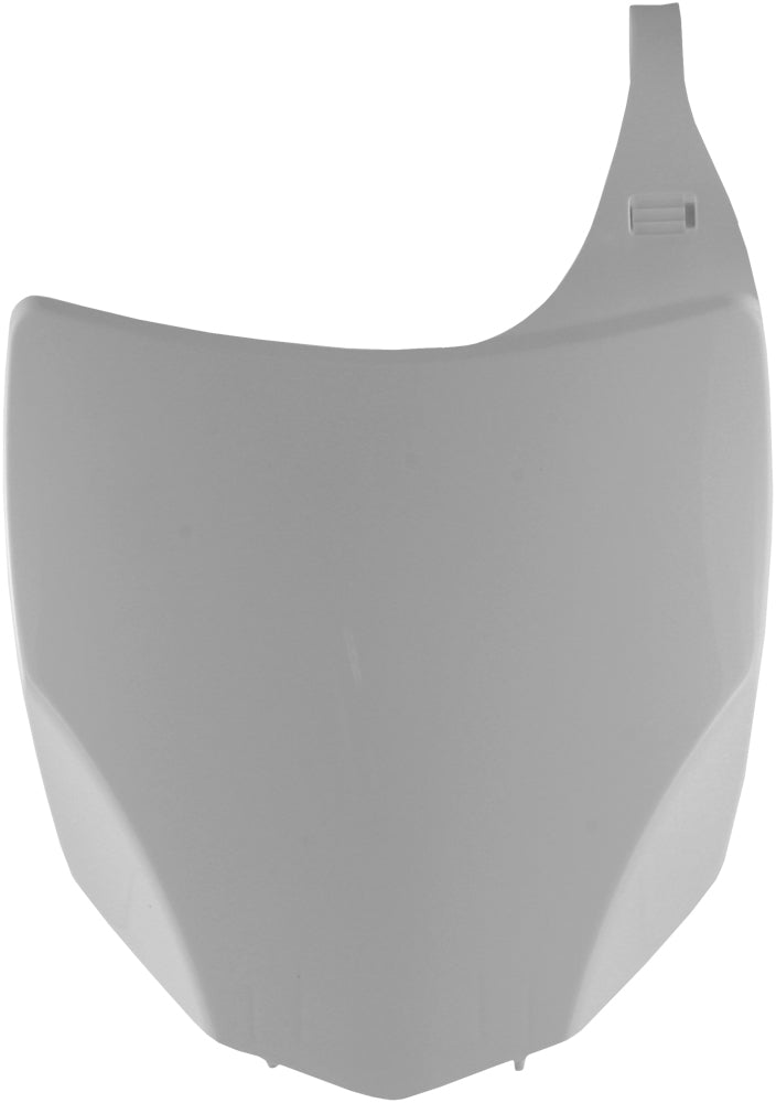 Acerbis white front number plate for motorcycles, featuring a sleek design with mounting holes for easy installation.