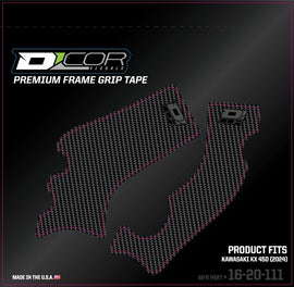 Gray DCOR Frame Grip Tape with graphic decals, featuring textured surface and design elements for skateboard or bike frame protection.