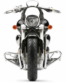 Chrome Cobra engine case guard for Suzuki Boulevard M109R motorcycle, providing protection and a sleek finish.