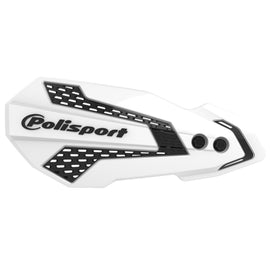 Polisport Plastics MX Flow handguards in white and black mounted on motocross handlebars, showing their sleek protective design.