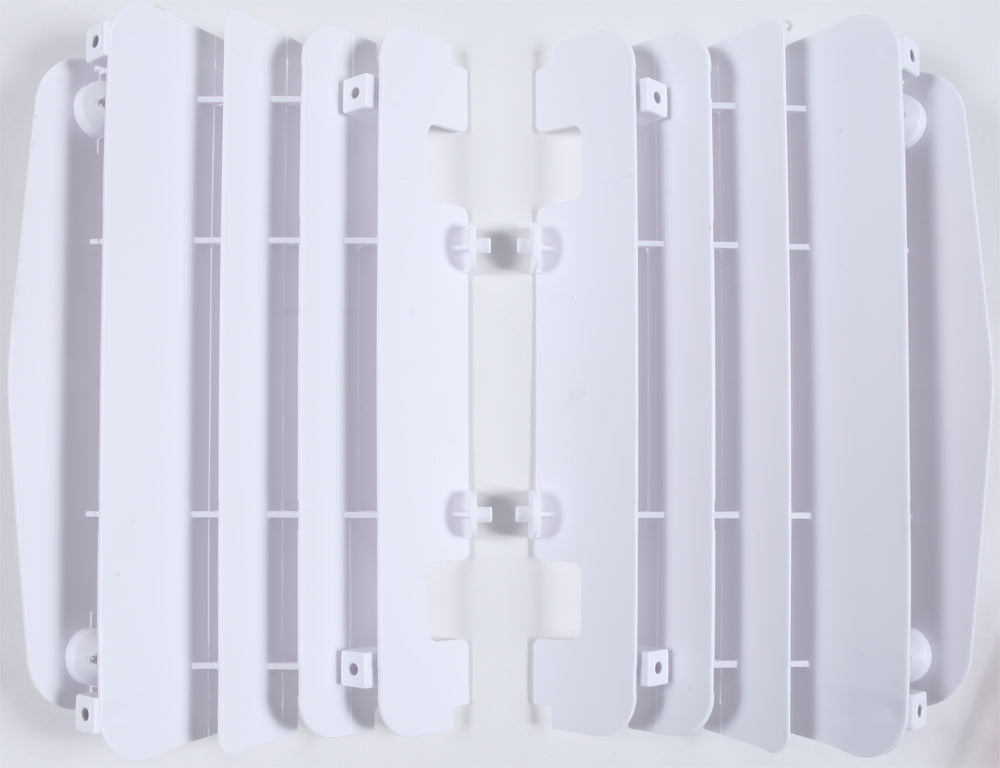 Polisport Plastics white radiator louvers for off-road vehicles, model 64-56505, shown on a vehicle radiator.