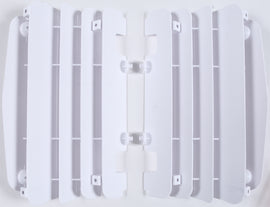 Polisport Plastics white radiator louvers for off-road vehicles, model 64-56505, shown on a vehicle radiator.