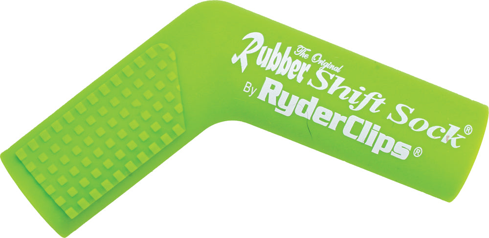 Green Ryder Clips rubber shift sock for foot controls, designed for easy grip and secure shifting in motorcycle applications.