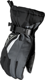 Fly Racing Title Gauntlet Gloves in black and grey, showing the durable riding gloves with reinforced knuckles and adjustable wrist straps.