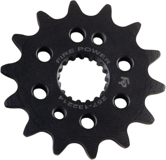 Steel Fire Power Front CS Sprocket 14T with gear teeth and branding visible, designed for motorcycle drive systems.