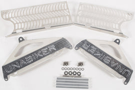 Unabiker Radiator Guard in natural finish, designed for motorcycle cooling system protection, with a sturdy metal grille pattern.