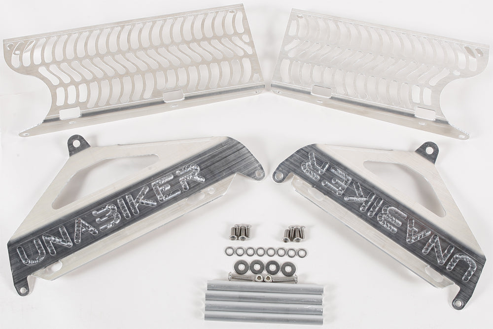 Unabiker Radiator Guard in natural finish with protective mesh design for motorcycle radiator protection.