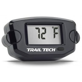 Trail Tech engine temperature gauge with 14mm plug, model 665-0040, displaying a clear digital readout on a black background.