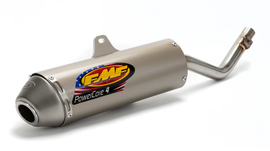 FMF Racing Powercore 4 slip-on exhaust mounted on motorcycle, showcasing its sleek black and silver design with branding details.