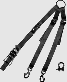 Black Fire Power 3-way 1.5-inch ratchet tie-down strap, shown with secure locking mechanism and durable webbing.