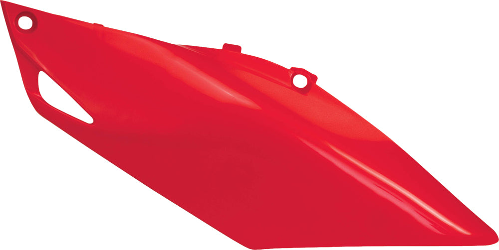 Red Acerbis side panels for motorcycle, featuring durable plastic construction and brand logo, designed for easy installation.