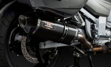 Load image into Gallery viewer, Yoshimura R-77 slip-on exhaust for motorcycles, featuring stainless steel and carbon fiber finish, with dual outlets.