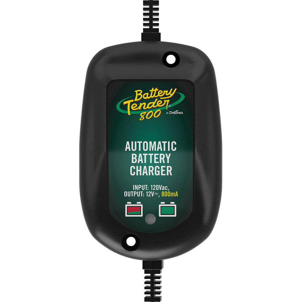 Battery Tender 800 waterproof 12V charger tool with alligator clips, designed for automotive and marine battery charging.