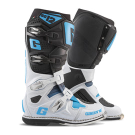 Gaerne SG12 Le Boots in black, white, and Carolina blue, size 8, showing the sporty design and color accents.