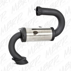 MBRP Exhaust race silencer for performance exhaust system, featuring sleek metal construction and branding details.
