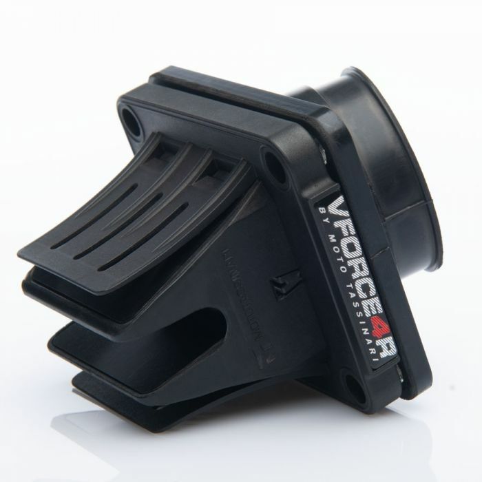 Moto Tassinari V-Force V4r intake and carb fuel system with visible components and branding, designed for performance motorcycles.