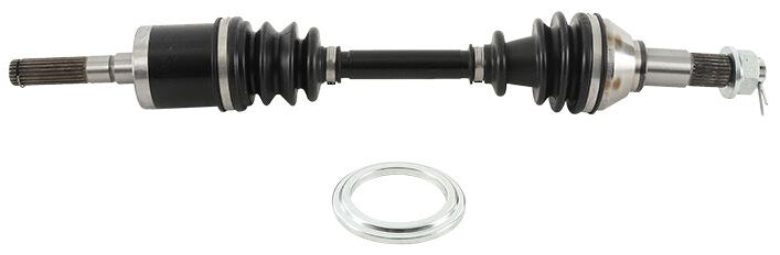 All Balls 8 Ball Extreme Axle for front suspension, showing the black metal axle with detailed threading and branding marks.