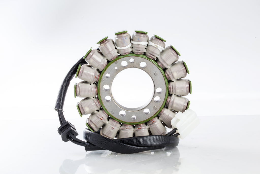 Ricks Motorsport Electric Stator 27-21002 for motorcycle electrical systems, showing the metal coil and wiring connections.