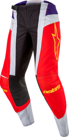 Alpine Star Techstar Ocuri cycling pants in hot orange, purple, and black, size 34, featuring sporty design and durable material.