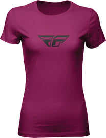 Fly Racing Women's Fly F-Wing Tee in dark magenta, front view showing casual fit and soft fabric for everyday wear.