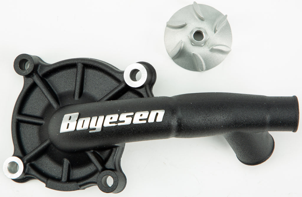 Boyesen black waterpump cover and impeller kit for Honda CRF250 motorcycle, featuring durable metal components.