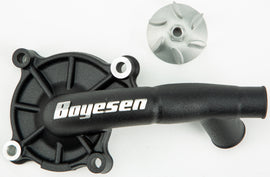Boyesen black waterpump cover and impeller kit for Honda CRF250 motorcycle, featuring durable metal components.