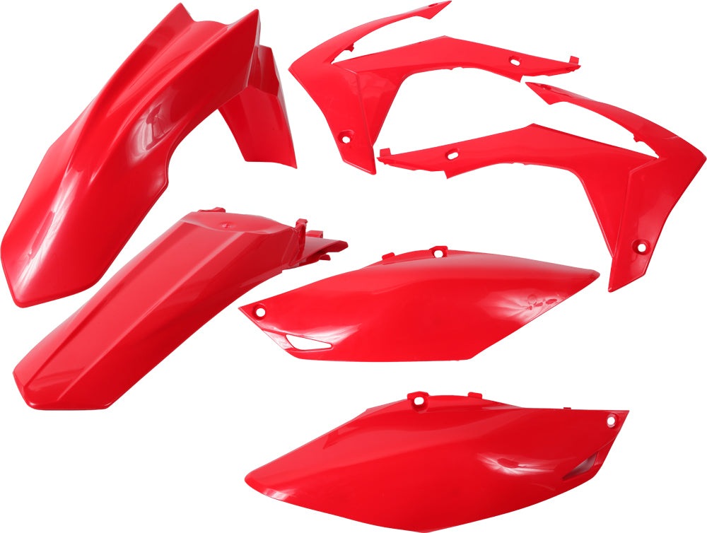 Acerbis red plastic kit with various motorcycle body panels and components, designed for durability and easy installation.