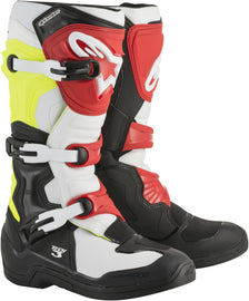Alpine Star Tech 3 motorcycle boots in black, white, and yellow, size 11, with protective design and sturdy construction.