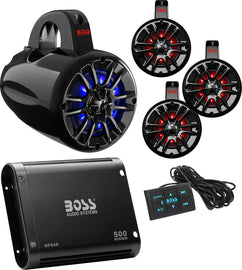 Boss Audio Universal 4-speaker UTV audio kit with waterproof speakers, designed for versatile off-road vehicle sound systems.